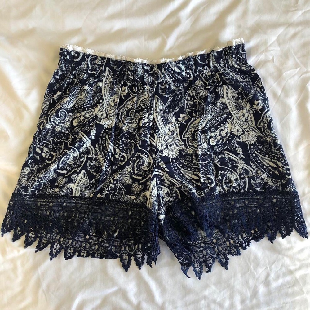 White and Navy Shorts with Navy Lace at Bottom
